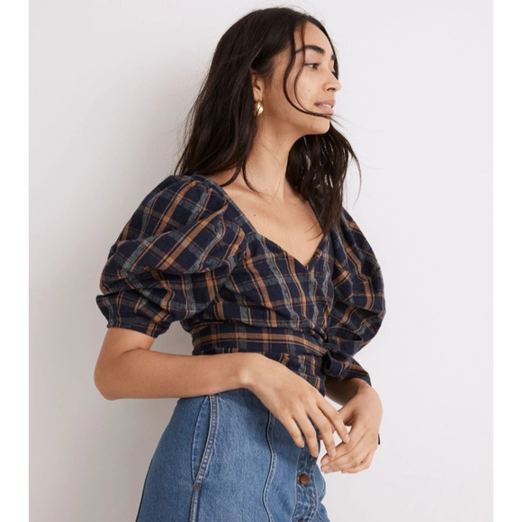 Madewell Tops - Madewell Sweetheart Wrap Top Plaid Tartan Puff Sleeve Blouse Cotton NG875 XS NWT
